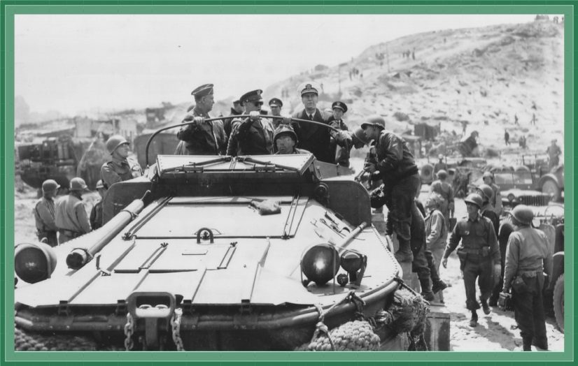 Supreme Allied Commander Dwight Eisenhower tours the Normandy invasion beaches in DUKW with General George Marshall, Admiral Ernest King and staff at St. Laurent sur Mer, June 12, 1944.