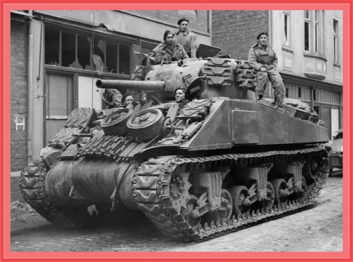 8th Armoured Brigade soldiers ride in a Sherman tank in March 1945. The 8th Armoured Brigade was an armored brigade of the British Army formed in August 1941.