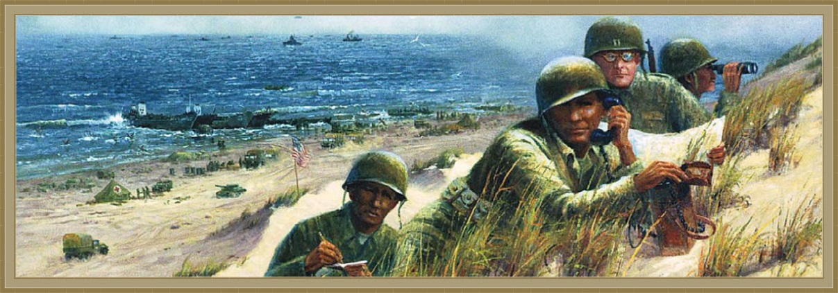 The oil on canvas painting Indian Code Talkers by Depew, Oklahoma artist Wayne Cooper, was dedicated on May 16, 2000, in a ceremony in the Oklahoma Senate; it depicts Code Talker Charles Chibitty (Comanche) after landing on Utah Beach in World War II.