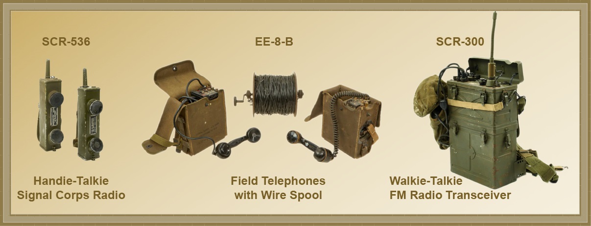 SCR-536 Handie-Talkie Signal Corps Radio, EE-8-B Field Telephones with Wire Spool, SCR-300 Walkie-Talkie FM Radio Transceiver