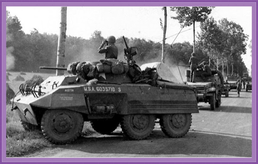 M8 from Combat Command B, 7th Armored Division in support of A Company, 23rd Infantry Regiment. Epernay, east of Château-Thierry, Marne River August 1944.