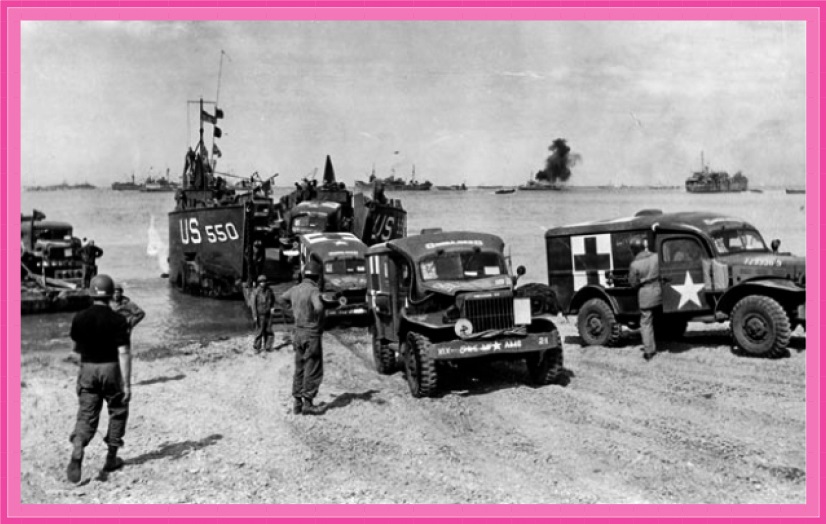 A cargo of Army WC-54 Dodge Ambulances unload from a cargo-carrying landing craft onto a beach in France, to provide equipment for more front line hospitals, July 1, 1944.