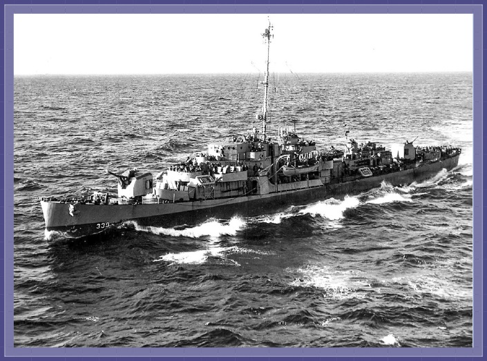 Escort Destroyer USS John C. Butler operates west of Iwo Jima March 1, 1945. Note the two 5"/38-Caliber Guns mounted fore and aft enclosed in armored Mk31 shields.