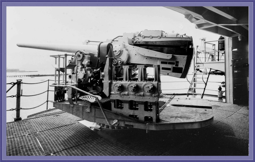 5-inch 38-caliber open mount dual-purpose gun on the USS Yorktown's after starboard gun platform, looking aft and to starboard, Newport News Shipbuilding & Dry Dock Company, September 27, 1937.